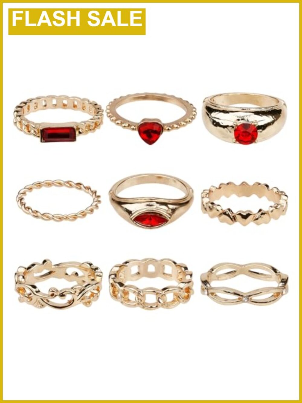 9pc Stacking Ring Set with Heart Crystal Statement Knuckle Rings
